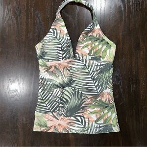 Tropical Leaf Halter Tankini Top - Green & Peach